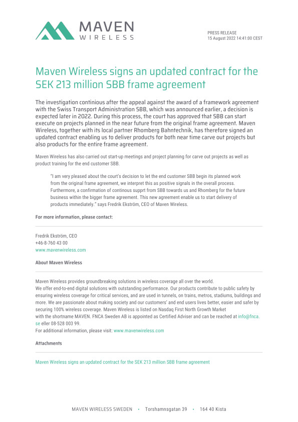 Maven Wireless signs an updated contract for the SEK 213 million SBB frame agreement
