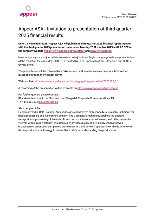 appear asa invitation to presentation of third quarter 2025 financial results