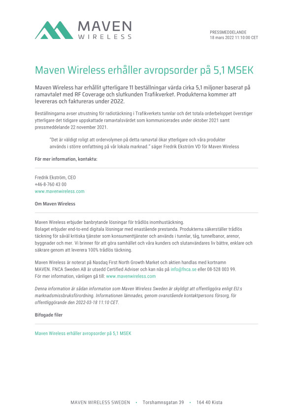 Maven Wireless erhåller avropsorder på 5,1 MSEK
