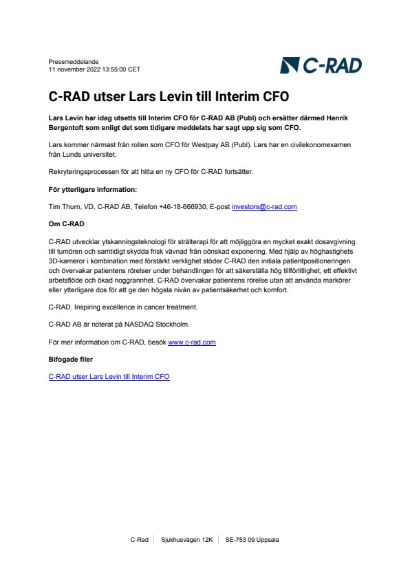 C-RAD utser Lars Levin till Interim CFO - C-RAD