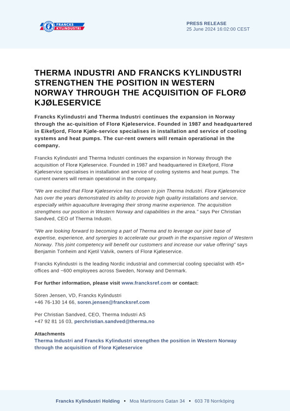 therma industri and francks kylindustri strengthen the position in western norway through the acquisition of floro kjoleservice