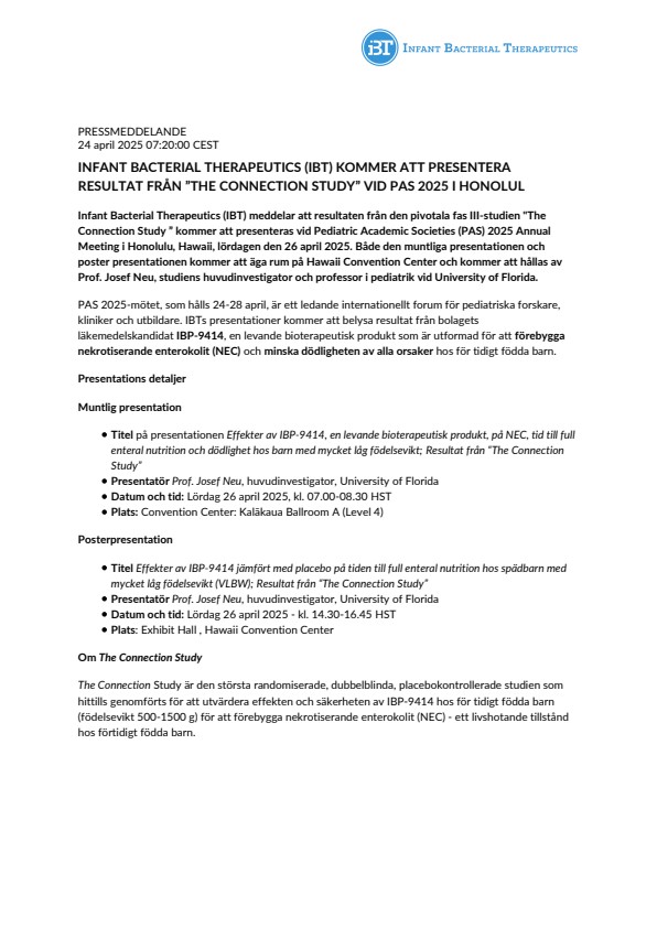 Infant Bacterial Therapeutics (IBT) kommer att presentera resultat från ”The Connection Study” vid PAS 2025 i Honolul