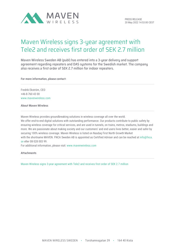 Maven Wireless signs 3-year agreement with Tele2 and receives first order of SEK 2.7 million