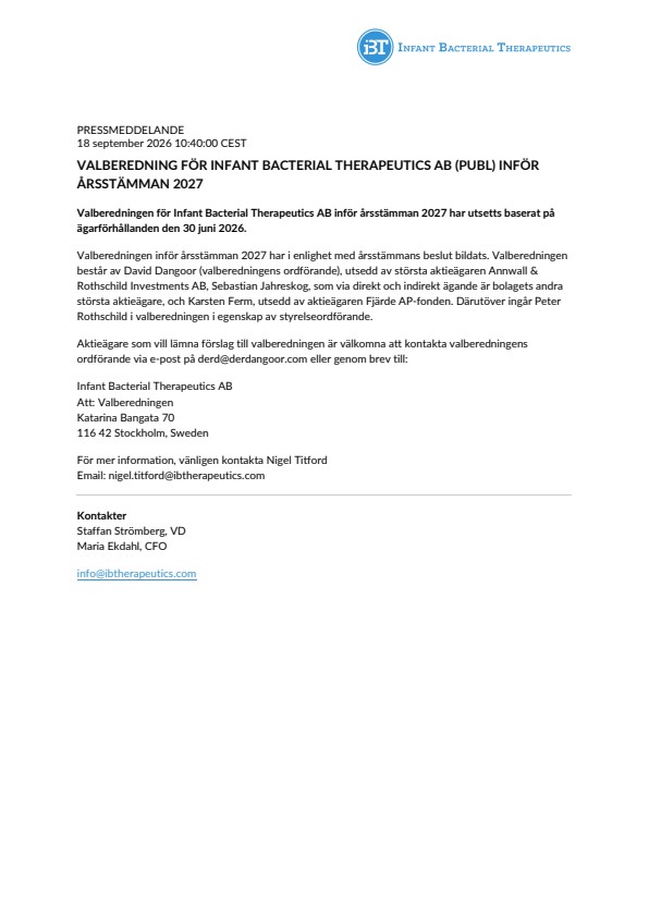 VALBEREDNING FÖR INFANT BACTERIAL THERAPEUTICS AB (PUBL) INFÖR ÅRSSTÄMMAN 2027