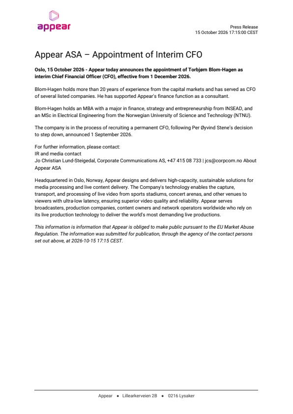 appear asa appointment of interim cfo