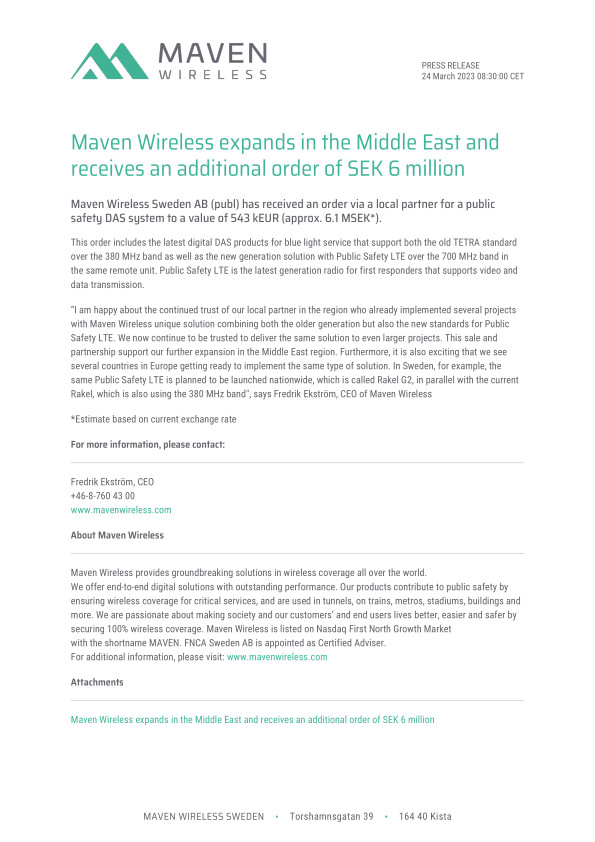 Maven Wireless expands in the Middle East and receives an additional order of SEK 6 million