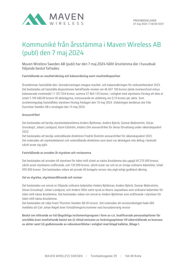 Kommuniké från årsstämma i Maven Wireless AB (publ) den 7 maj 2024
