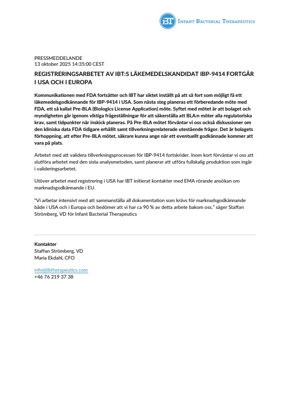 Registreringsarbetet av IBT:s läkemedelskandidat IBP-9414 fortgår i USA och i Europa
