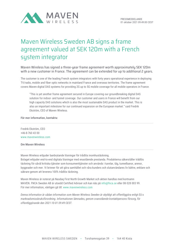 Maven Wireless Sweden AB signs a frame agreement valued at SEK 120m with a French system integrator