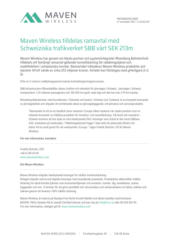 Maven Wireless tilldelas ramavtal med Schweiziska trafikverket SBB värt SEK 213m
