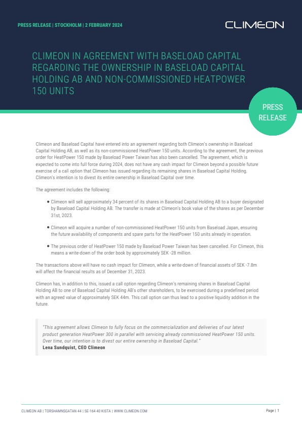 Climeon in Agreement with Baseload Capital Regarding the Ownership in ...