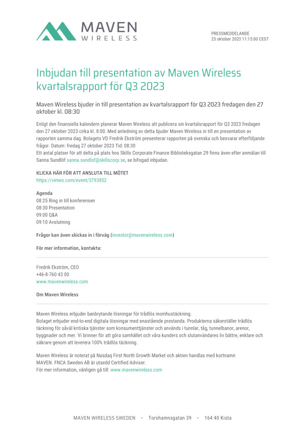 Inbjudan till presentation av Maven Wireless kvartalsrapport för Q3 2023