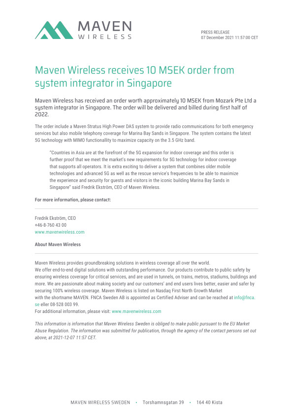 Maven Wireless receives 10 MSEK order from system integrator in Singapore