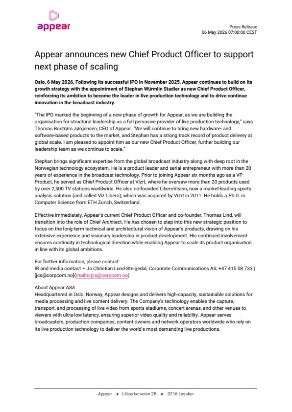 appear announces new chief product officer to support next phase of scaling