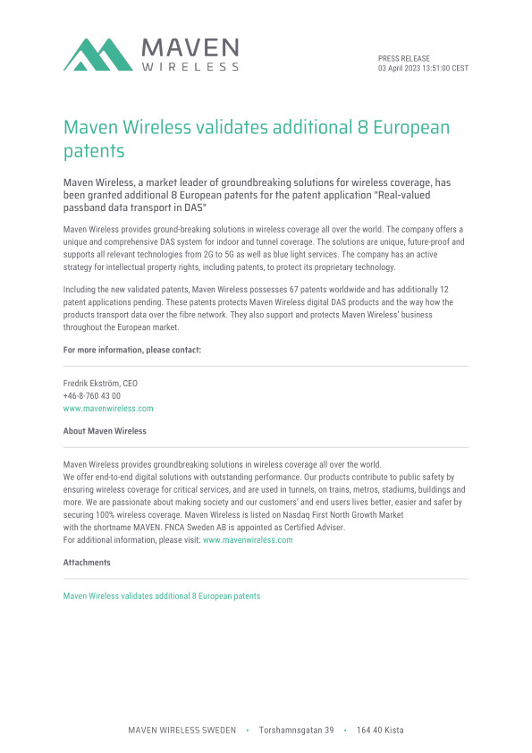 Maven Wireless validates additional 8 European patents