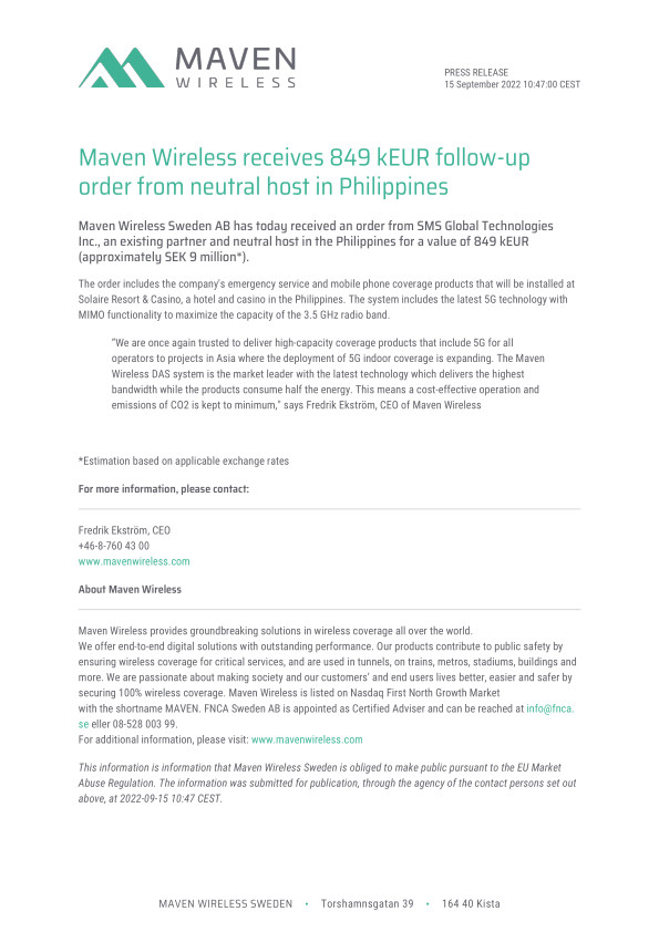 Maven Wireless receives 849 kEUR follow-up order from neutral host in Philippines