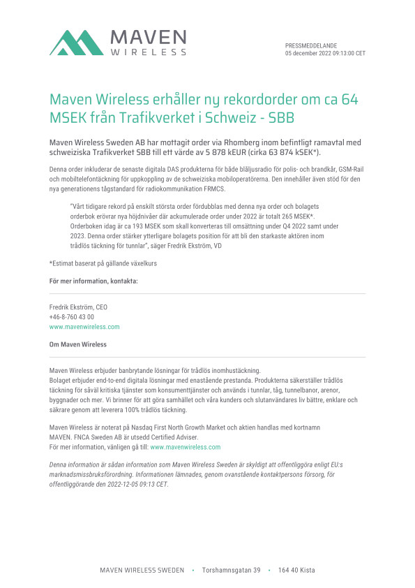 Maven Wireless erhåller ny rekordorder om ca 64 MSEK från Trafikverket i Schweiz - SBB
