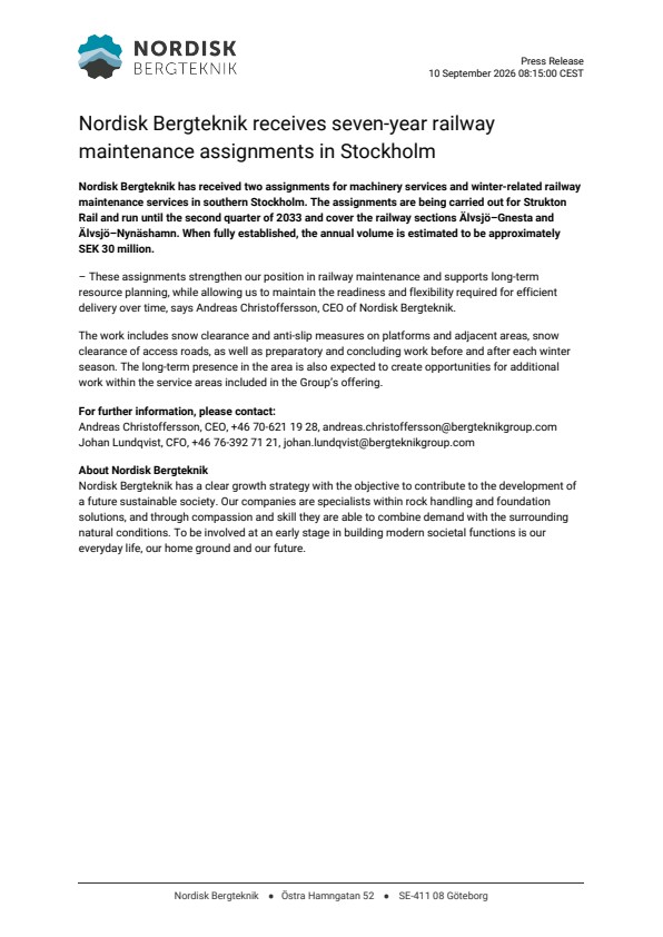 nordisk bergteknik receives seven year railway maintenance assignments in stockholm