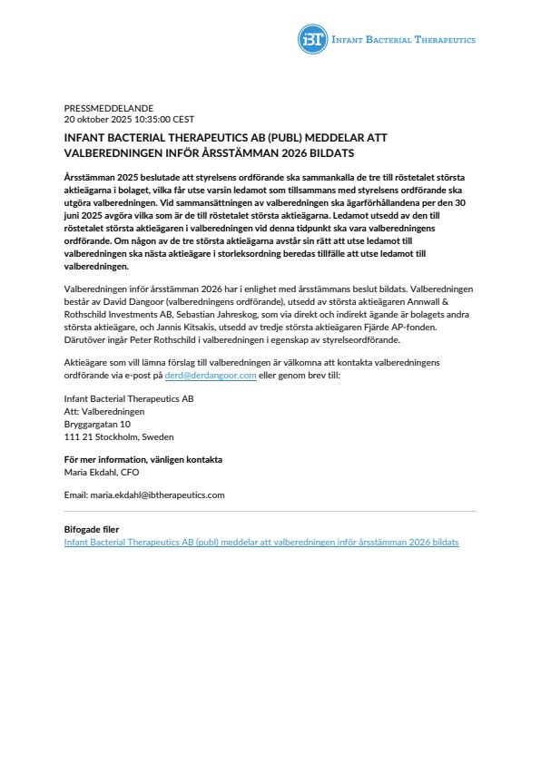 Infant Bacterial Therapeutics AB (publ) meddelar att valberedningen inför årsstämman 2026 bildats
