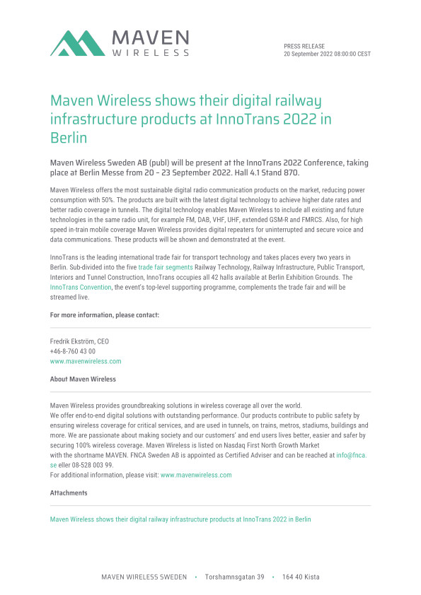 Maven Wireless shows their digital railway infrastructure products at InnoTrans 2022 in Berlin