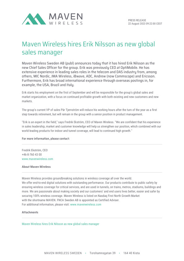 Maven Wireless hires Erik Nilsson as new global sales manager