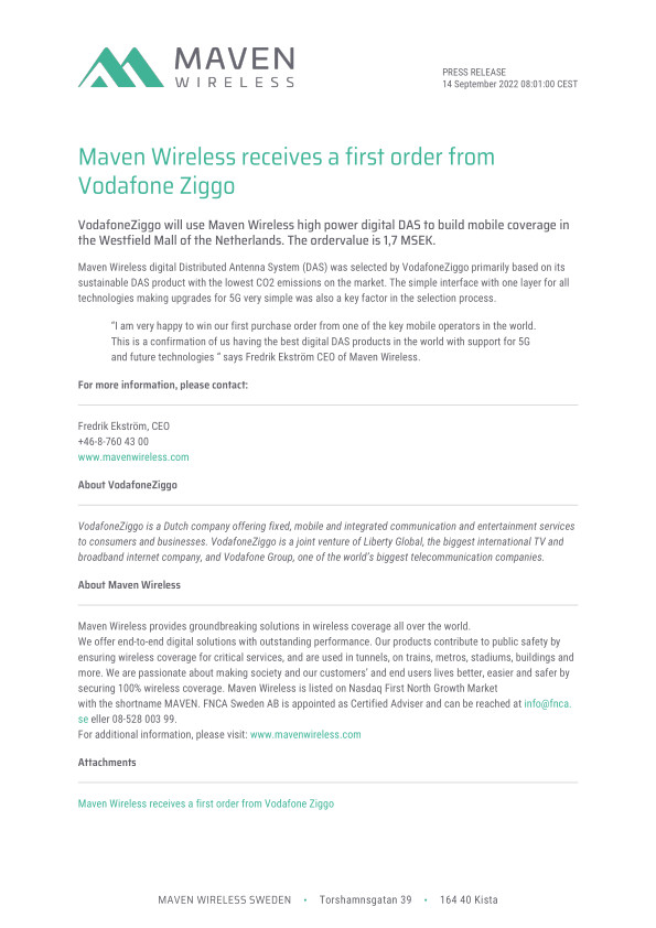 Maven Wireless receives a first order from Vodafone Ziggo