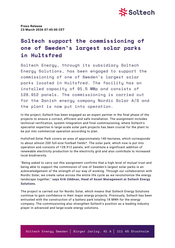 Soltech support the commissioning of one of Sweden’s largest solar ...
