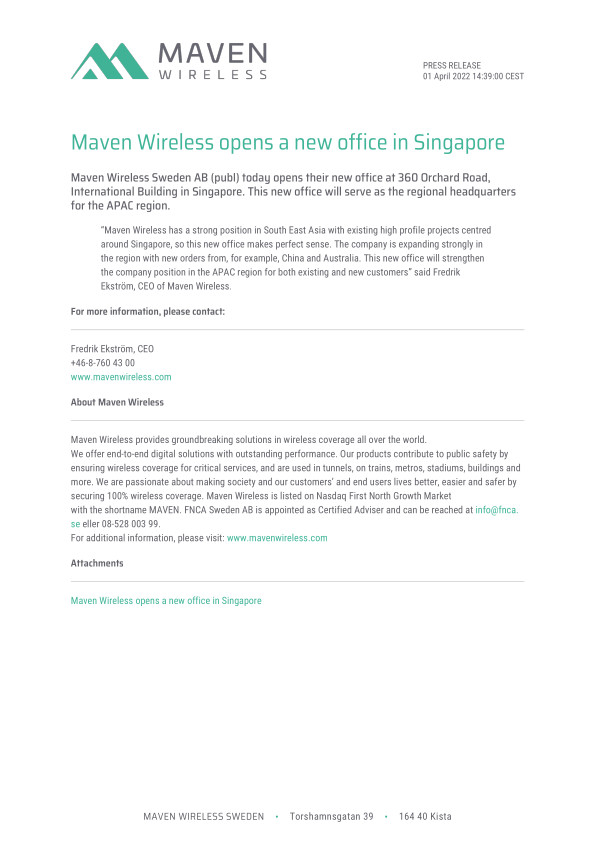 Maven Wireless opens a new office in Singapore