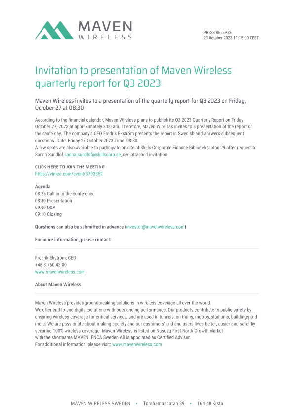 Invitation to presentation of Maven Wireless quarterly report for Q3 2023