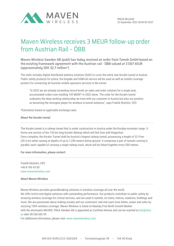 Maven Wireless receives 3 MEUR follow-up order from Austrian Rail – ÖBB