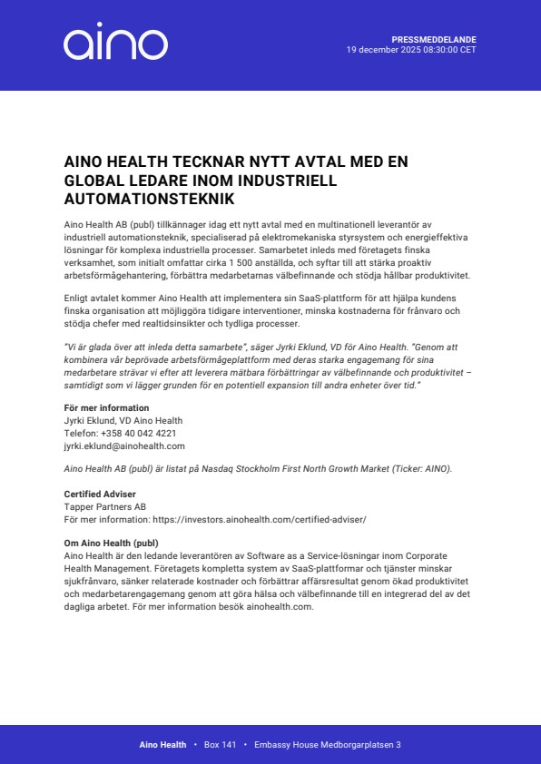 Aino Health tecknar nytt avtal med en global ledare inom industriell ...