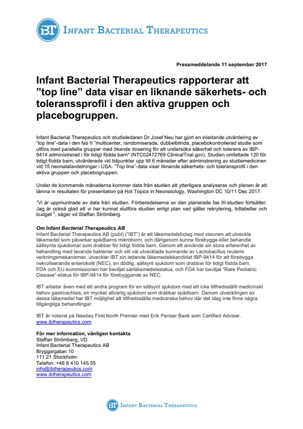 IBT | Infant Bacterial Therapeutics rapporterar att “top line” data ...
