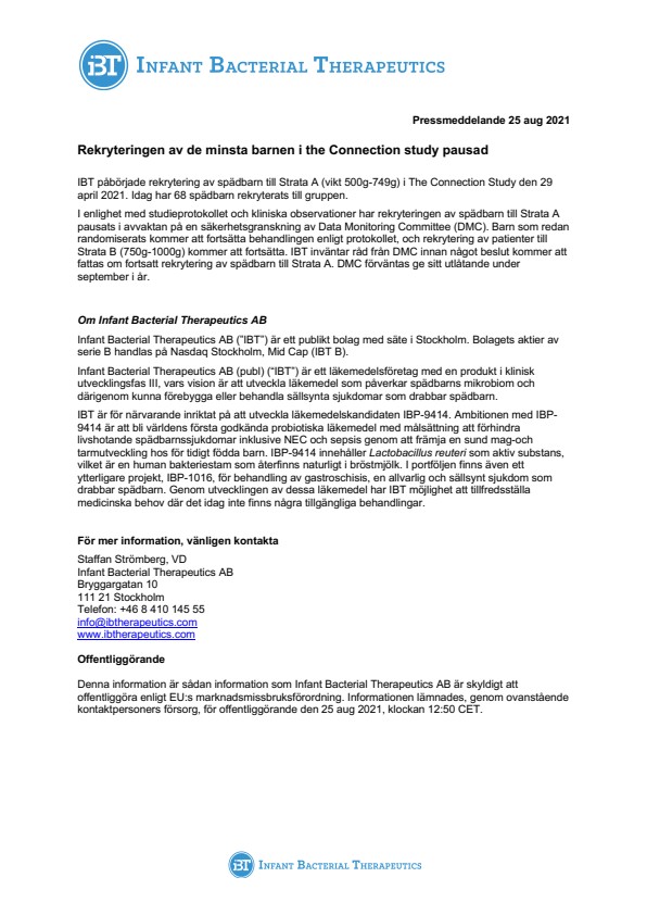 Rekryteringen av de minsta barnen i the Connection study pausad