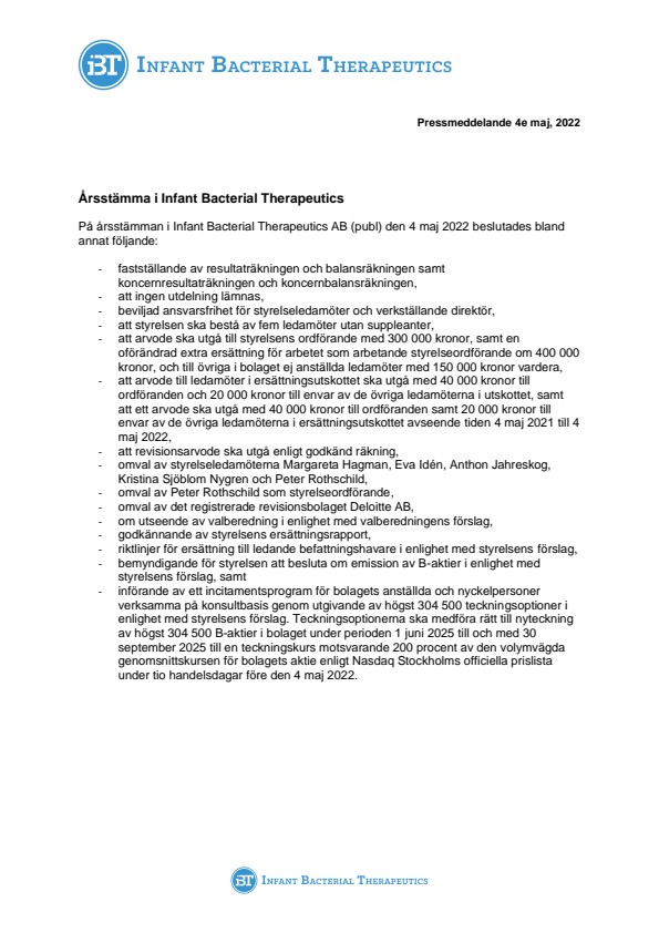 Årsstämma i Infant Bacterial Therapeutics