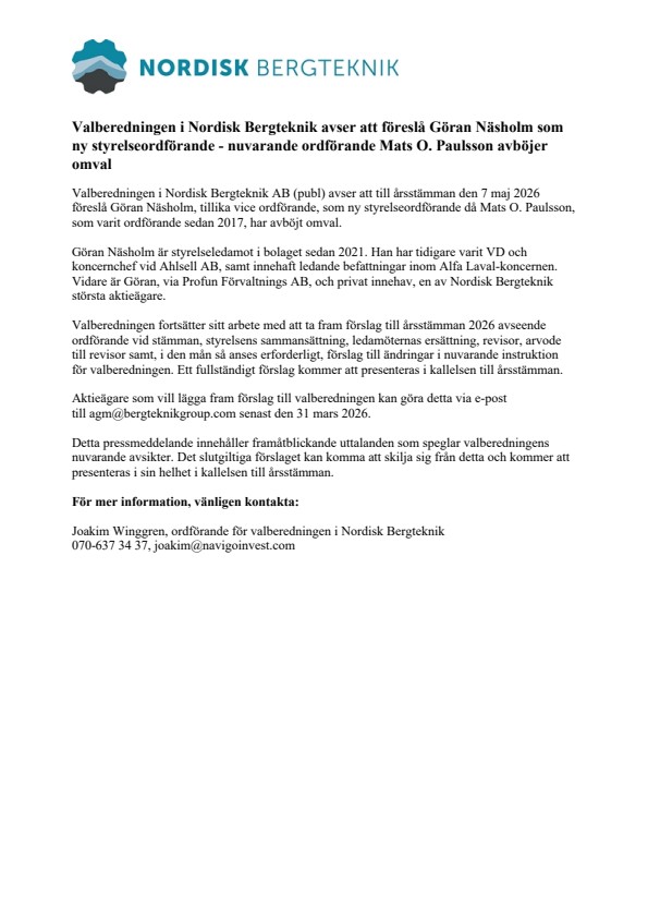 valberedningen i nordisk bergteknik avser att foresla goran nasholm som ny styrelseordforande.pdf?url=https%3A%2F%2Fmb.cision.com%2FMain%2F18649%2F4283093%2F3846445